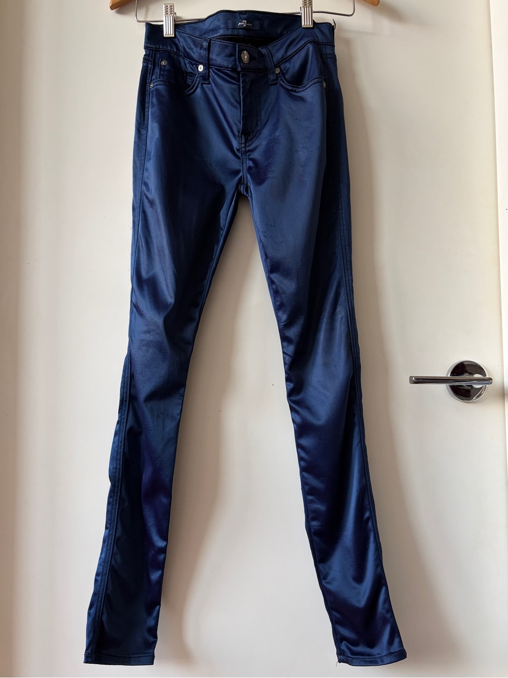 7 For All Mankind Satin Skinny Pants in Navy Blue
